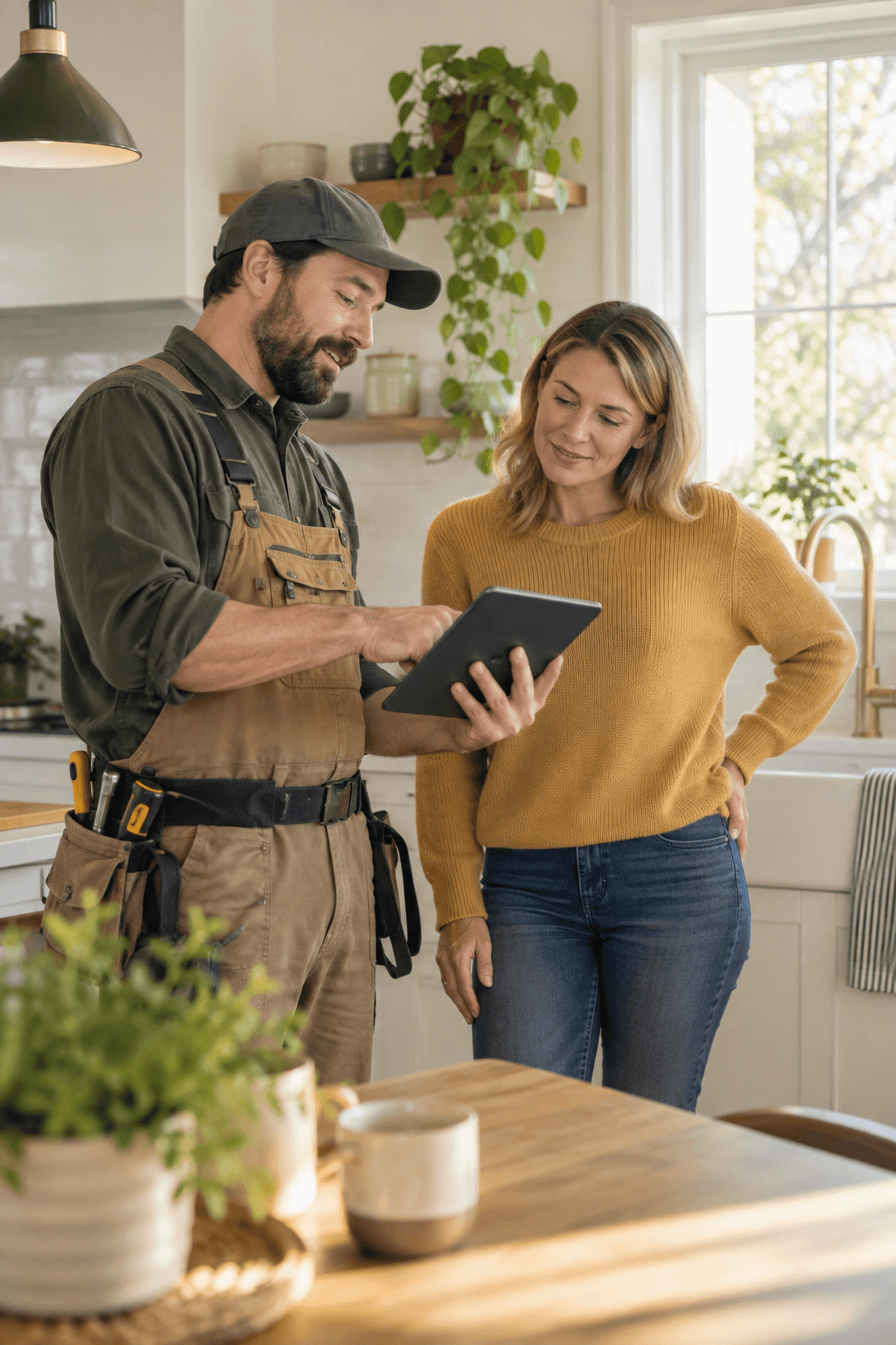 Home-service professional reviewing work with a client