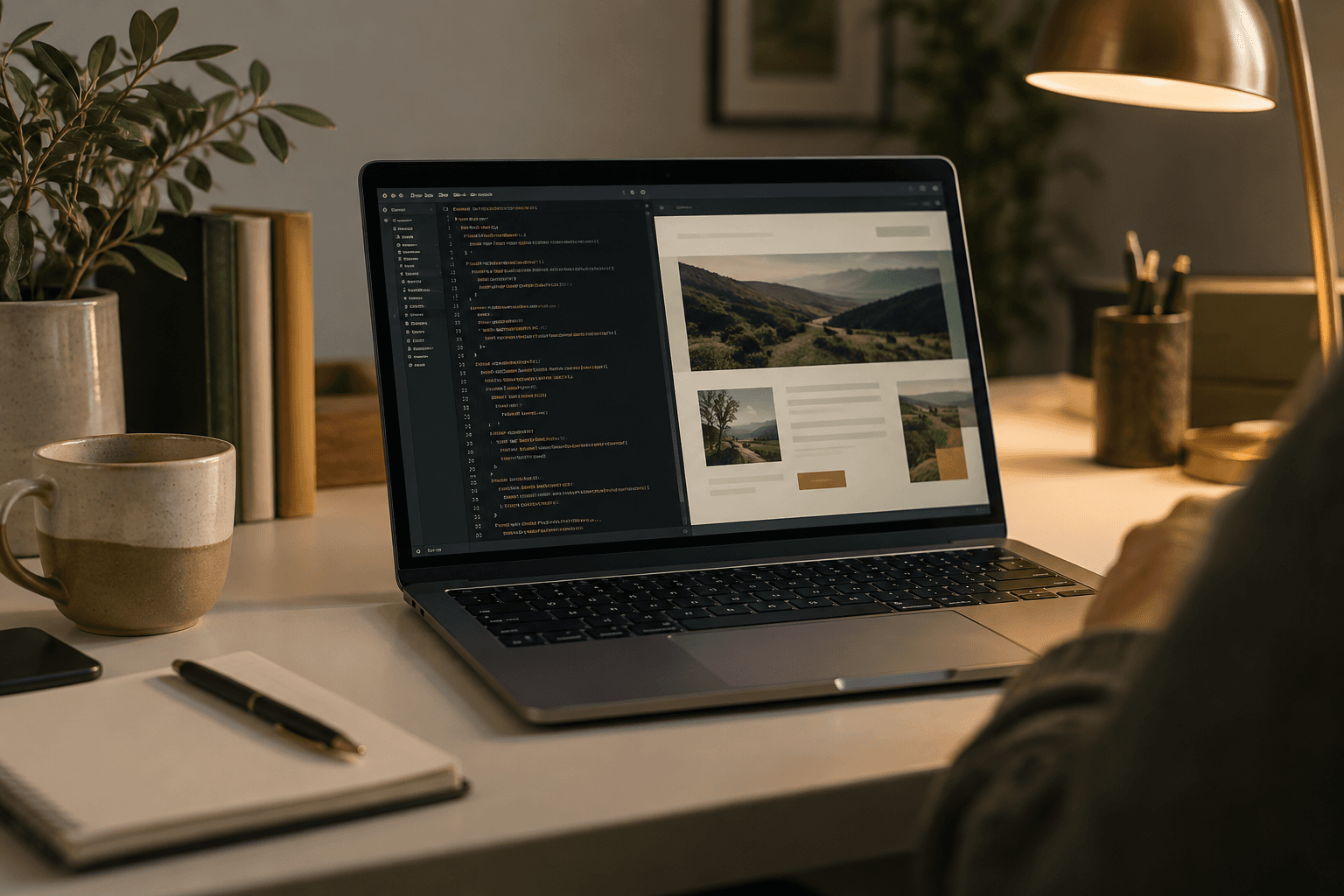Laptop showing a website layout in progress on a developer's desk