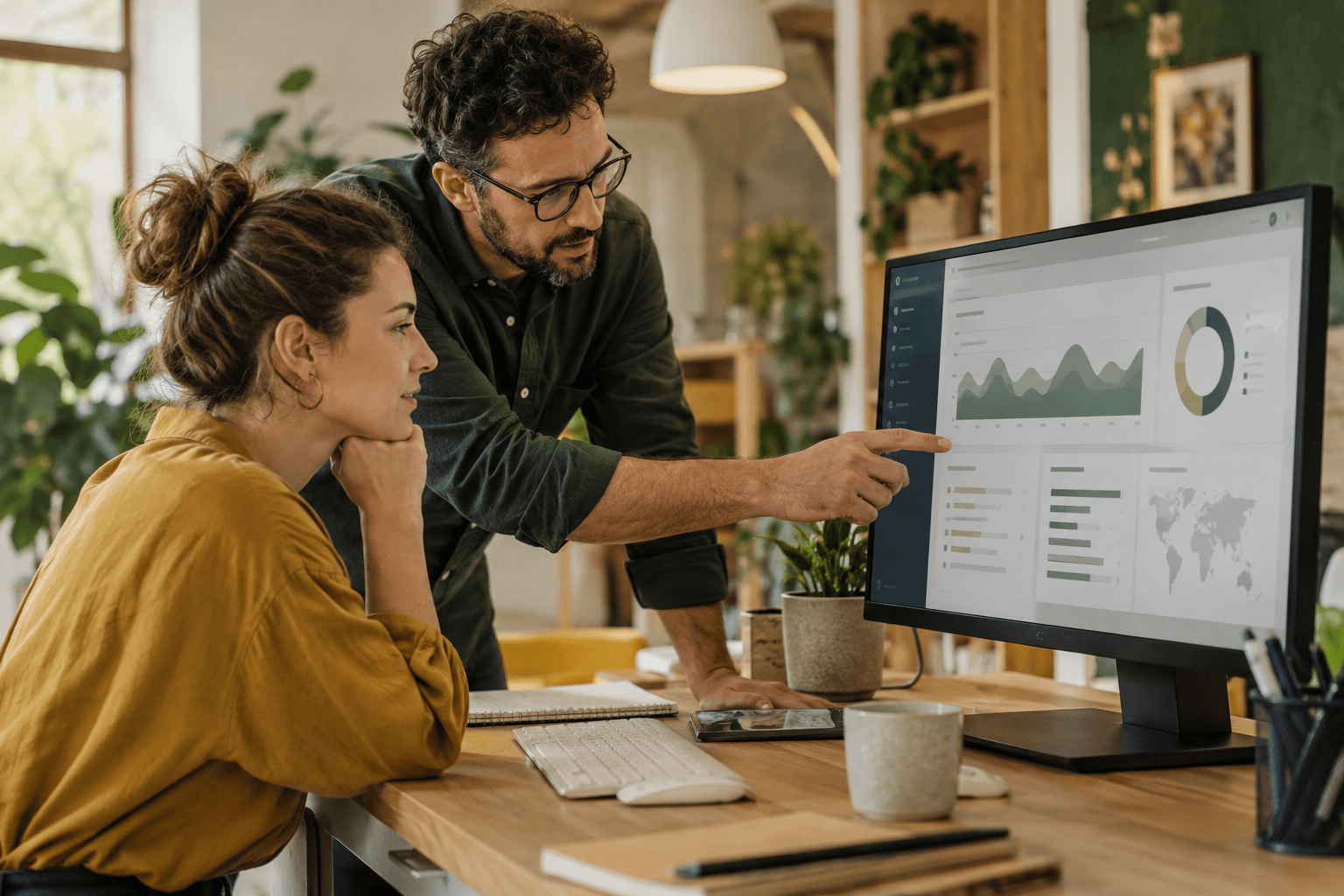 Two colleagues reviewing a dashboard together on a desktop monitor